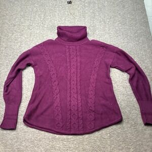 L.L.Bean Womens Large Turtleneck Sweater Dark Purple Cable Knit Warm Cozy